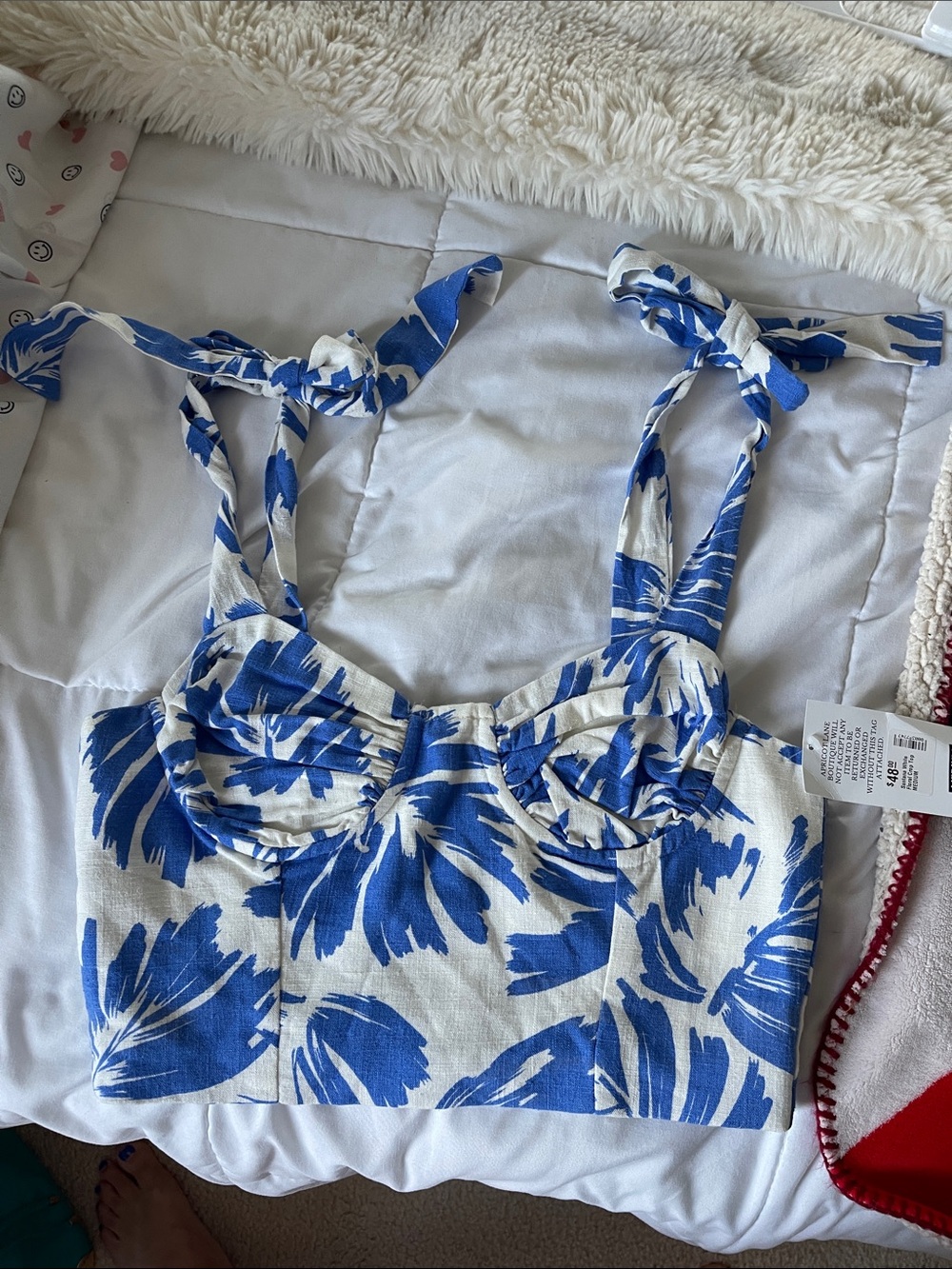 Apricot Lane Blue and White Floral Tie-Strap Crop Top